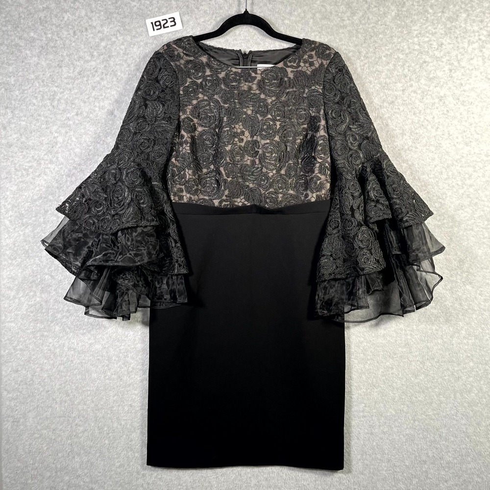 Calvin Klein Sheath Dress Womens 4 Black Floral Lace Bell Sleeve Lined Back Zip